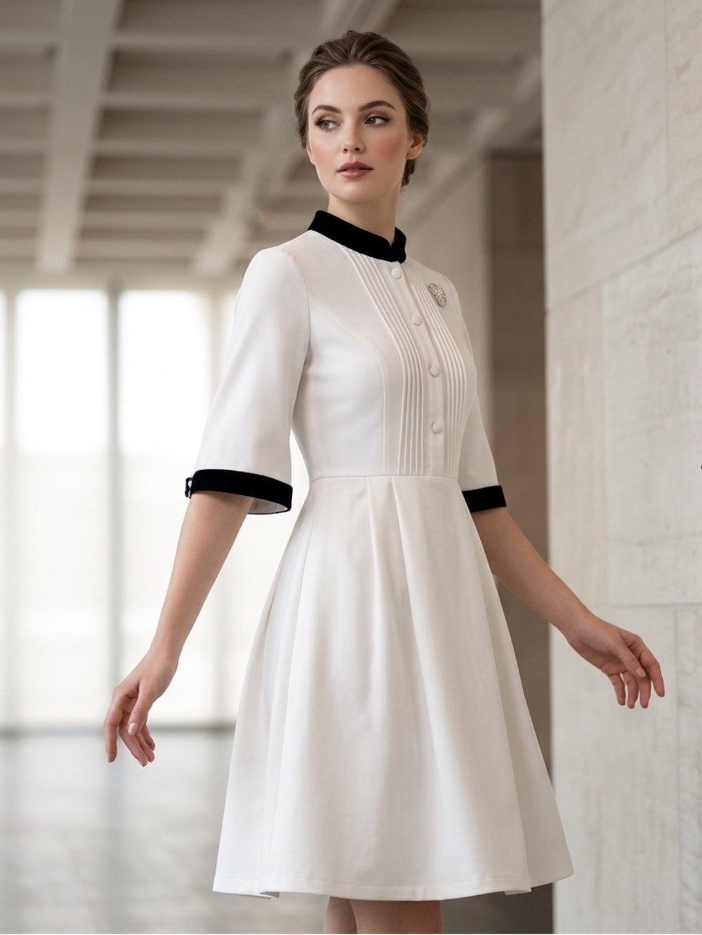 Vintage Style Mod White A-Line Formal Dress Black Standing Collar Cuff S